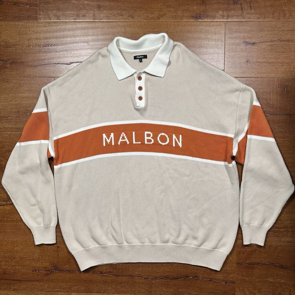 Malbon Knit Long Sleeve Polo Shirt Mens 2XL Beige Heavyweight Golf Retro Luxury